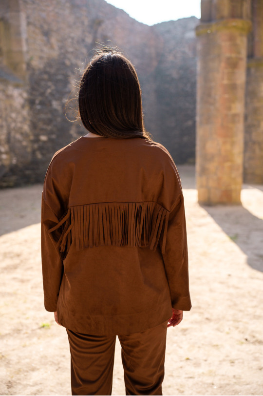 veste femme effet daim franges