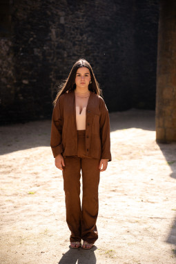 pantalon femme effet daim marron