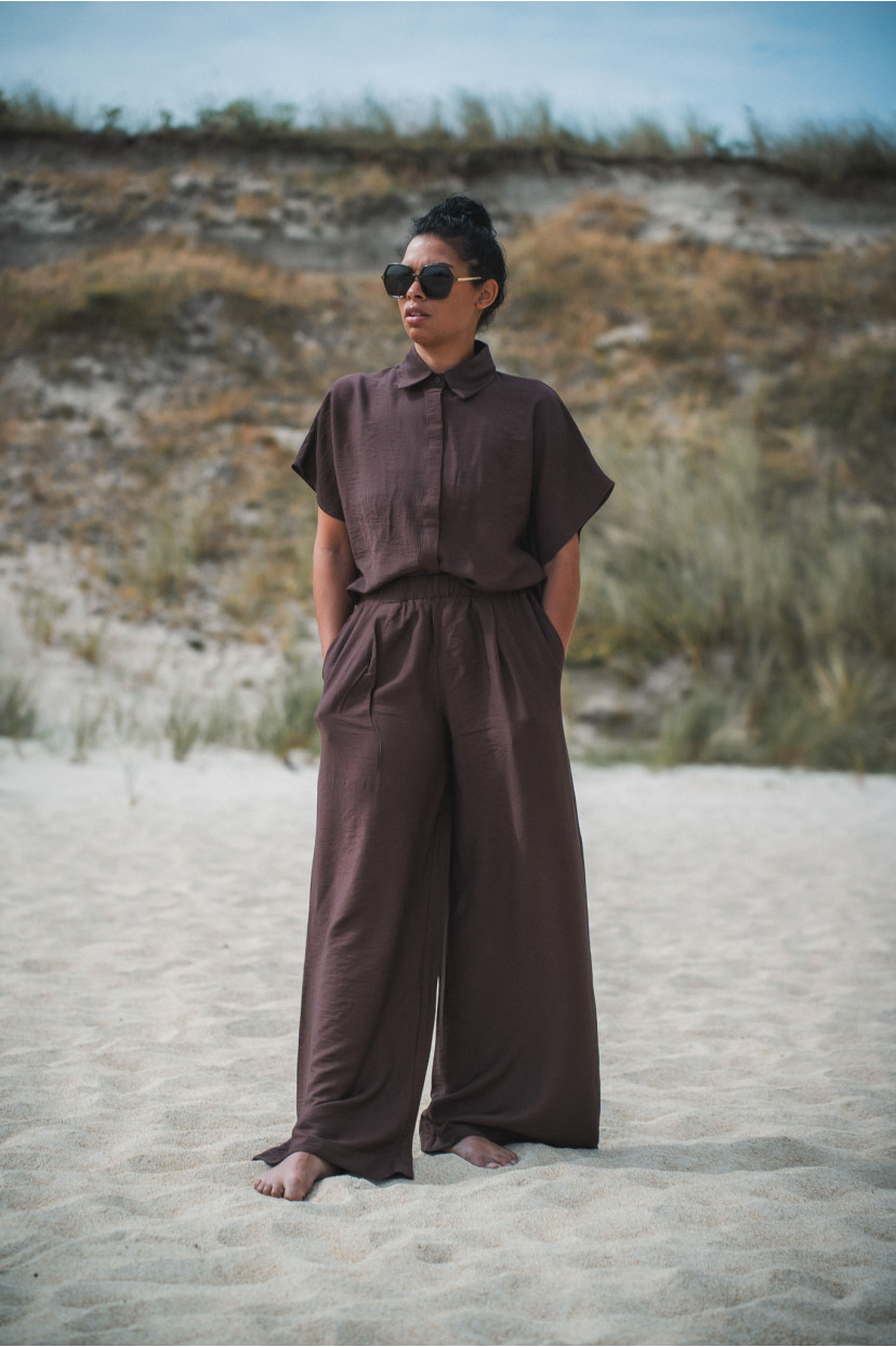 chemise chocolat effet lin